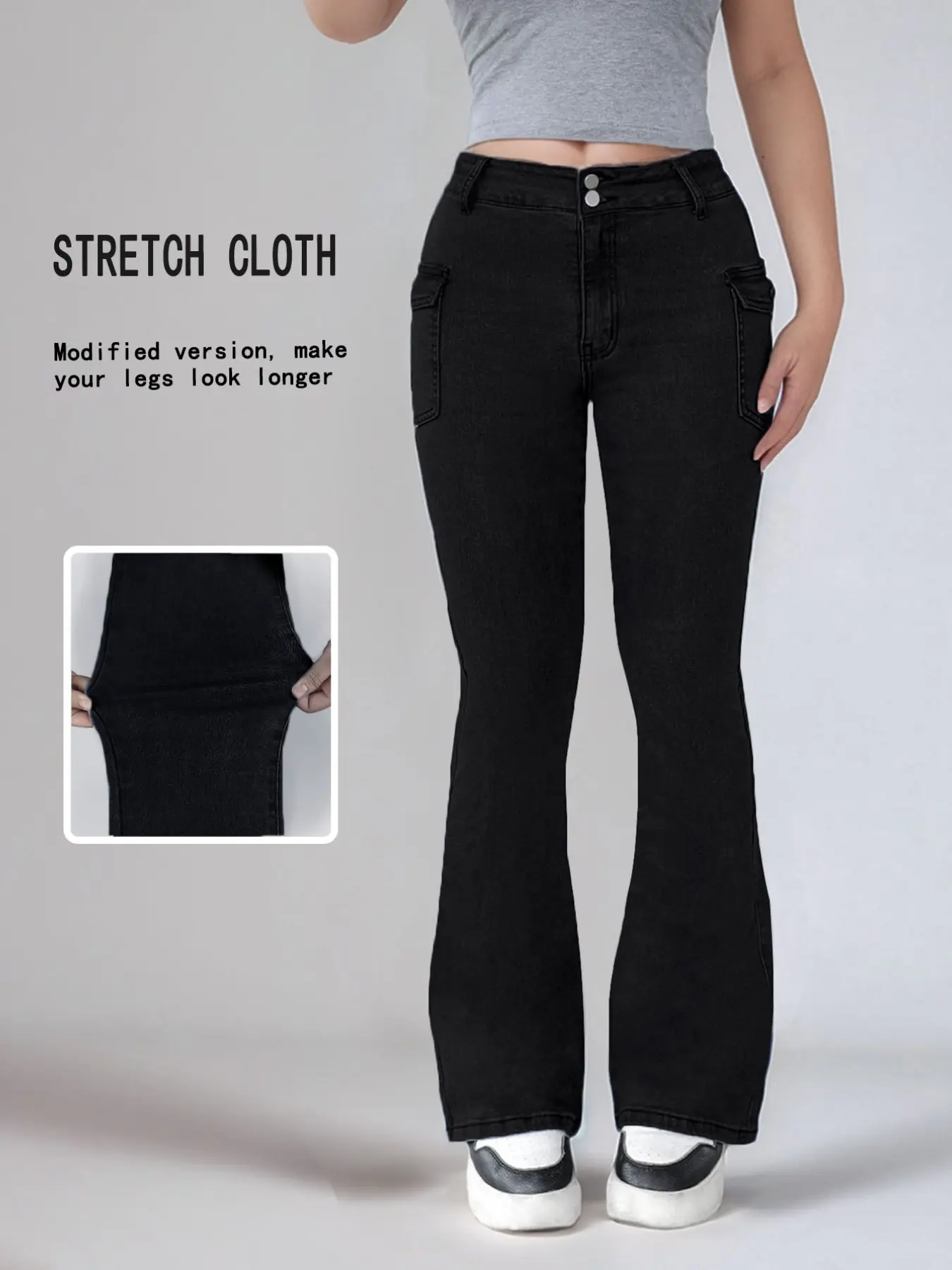 GILIPUR 1 Pair Women Black Double Button Cargo Pocket Flare Jeans, High Waist Stretch Fit Floor-Length Denim Bootcut Pants Streetwear TChic Bottoms