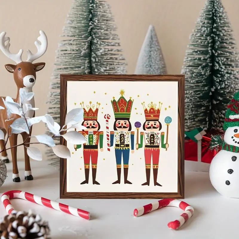 One Christmas Nutcracker Trio Festive Wooden Framed Wall Hanging, Christmas Decorative Ornament, Wall Art Piece, Perfect for Holiday Gatherings and Vintage Accents in Entryways