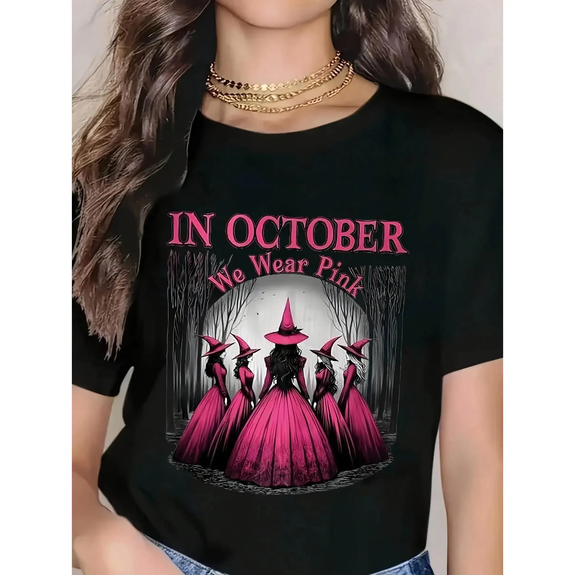 Women's Gothic Witch T-Shirt - Pink & Black Suitable for Halloween Costumes with Witches' Hats & Bats Print, Crew Neck Casual Tee for October Parties, Themed Outfits, Machine Washable Witch Design