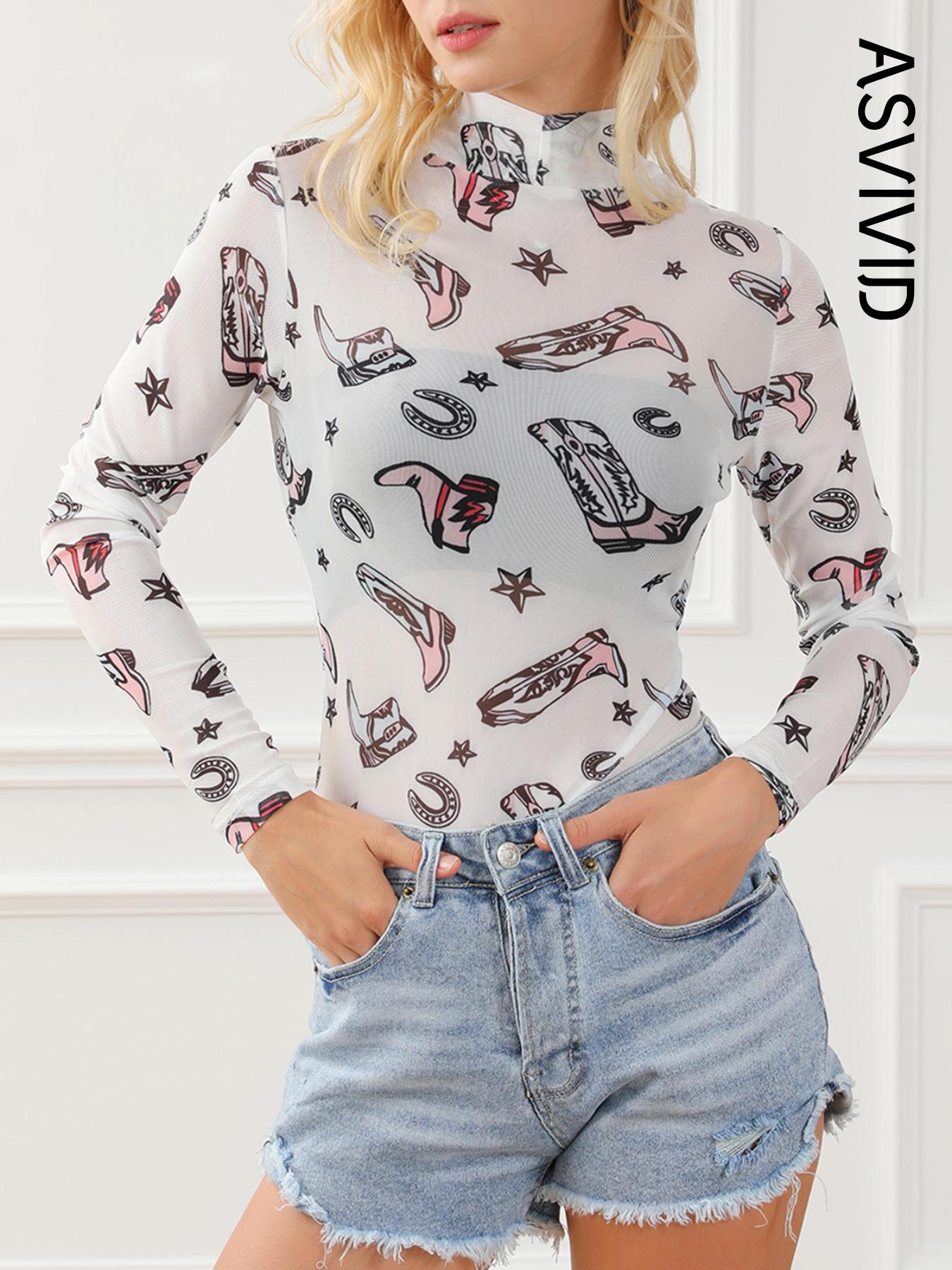 Women's Boot Print Mock Neck Semi-Sheer Bodysuit, Sexy Fashion Long Sleeve Bodysuit for Spring & Fall, Women's Clothes for Daily Wear