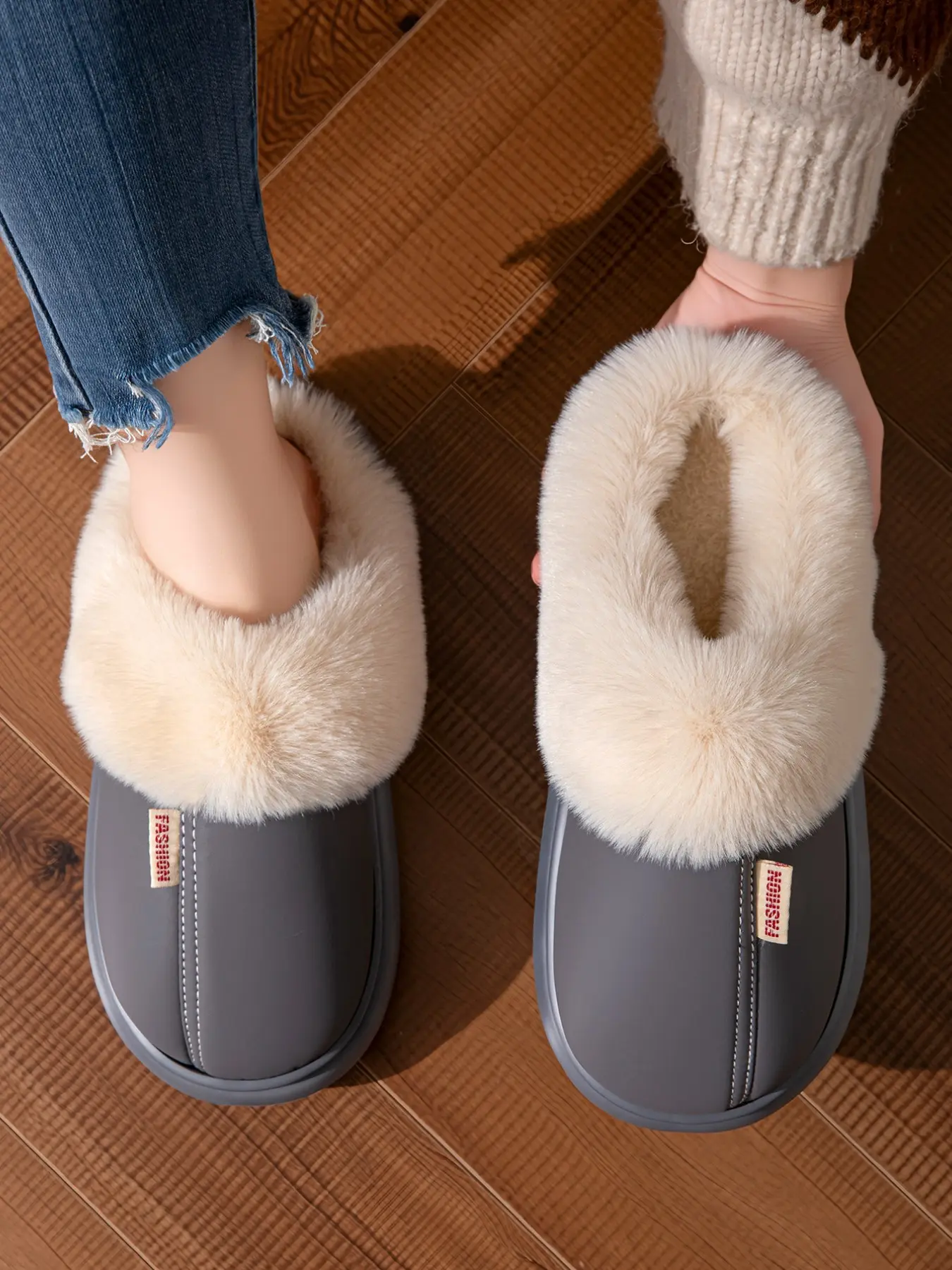 Women's Casual PU Leather Slippers, Winter Thick Sole Eva Bottom, Warm Fuzzy Edge, Non-Slip Home & Outdoor, Plain Pattern