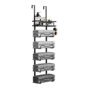 Black 6-Tier Door-Mounted Towel Rack No Installation Needed Metal Storage for Rolled Towels Space-Saving Bathroom Towel Holder with Top Basket Restroom Bath Tub Accessories