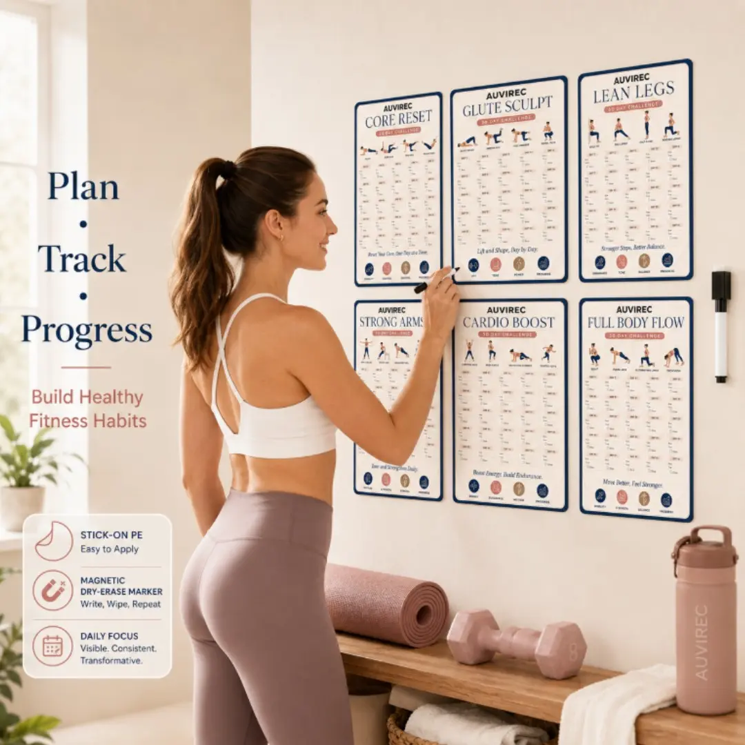 Auvirec 6-Piece Reusable Pet Fitness Planner Set, 30-Day Home Workout Tracker, Includes Erasable Marker, Suitable for Smooth Surfaces