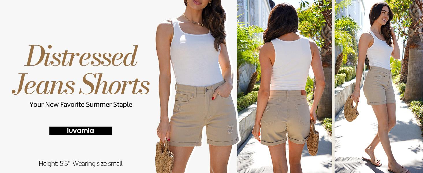 luvamia Denim Shorts Women's Casual Ripped Denim Shorts High Rise Distressed Rolled Hem Jeans Shorts Bottom Pants