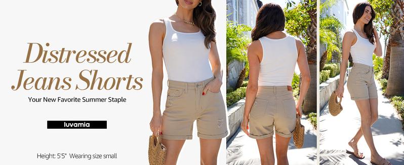 luvamia Denim Shorts Women's Casual Ripped Denim Shorts High Rise Distressed Rolled Hem Jeans Shorts Bottom Pants
