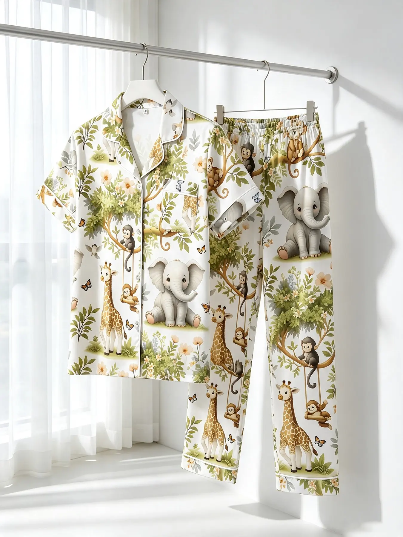 Vintage Jungle Animal Floral Pajama Set For Women, Short‑Sleeve Cardigan Top, Long Trousers, All‑season Wearable, Korean Woodland Aesthetic Loungewear, Snug Indoor‑only Outfit