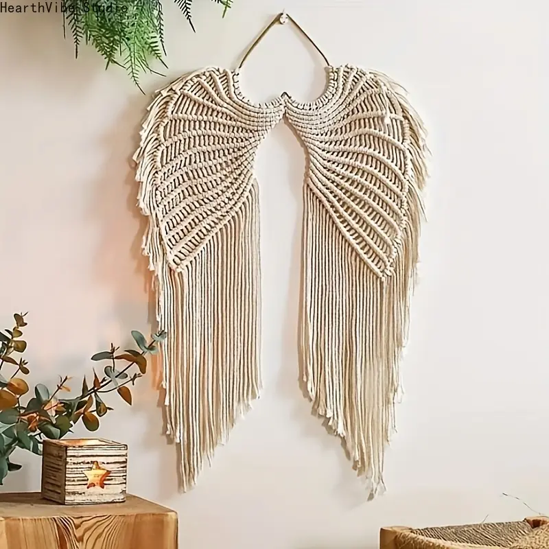 White angel wing wall hanging; classic European-style woven rope feather-design curtain-style tassel wall decor; reusable wall art for living rooms or bedrooms; suitable for Halloween.