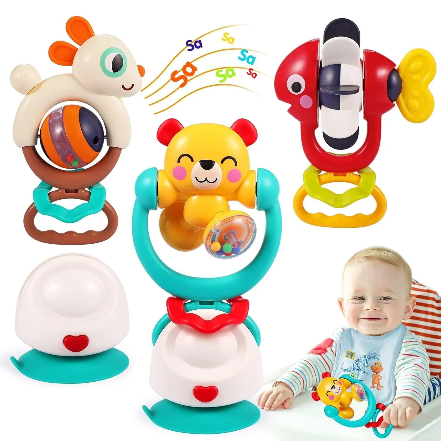 Baby Toys 6-12 Months Infant Toy Set of 3 High Chair Suction Cup Rattle Teething Toys  Babies 6 7 9 12-18 Months 2-in-1 Sensory Development Tray Toy Baby Gifts  Boys Girls New model