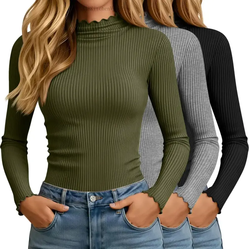 Women's 3-Pack Long Sleeve Cotton-Spandex Turtleneck Shirts - Ribbed Lettuce Trim, Slim-Fit, Comfortable Everyday Fabric, Black/Cream/Dark Brown Basic Tops - Cold Wash, Do Not BleachAA48KitchenVibePro