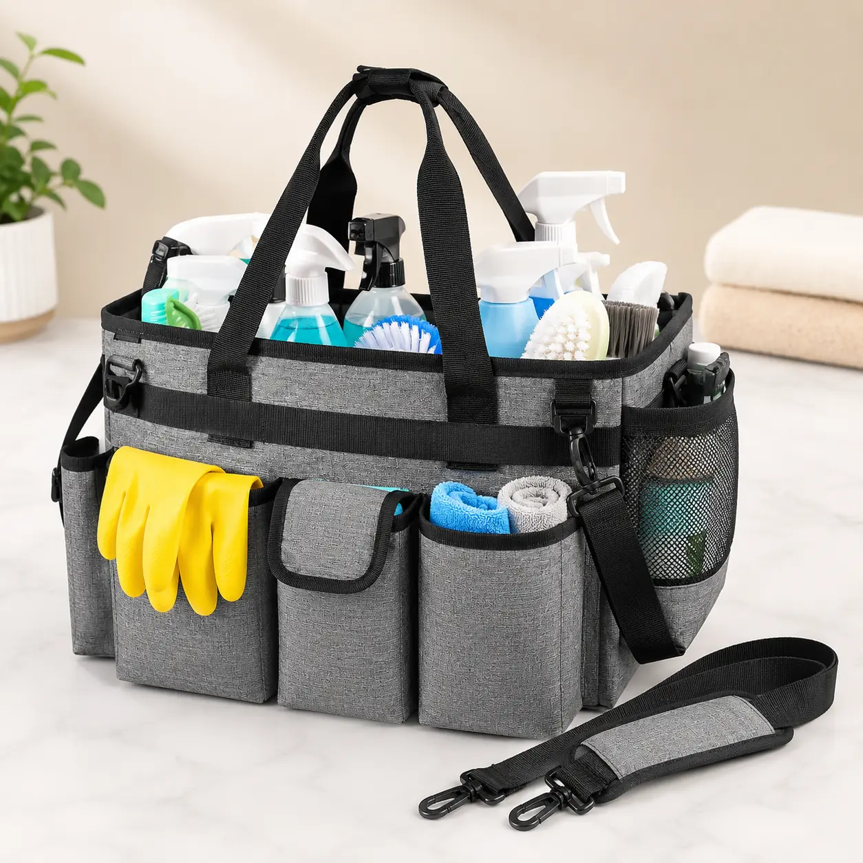 Cleaning Supplies Organizer Caddy, Large Portable Tote with 6 Pockets, Removable Dividers and Adjustable Shoulder Strap for Housekeeping and Car Care