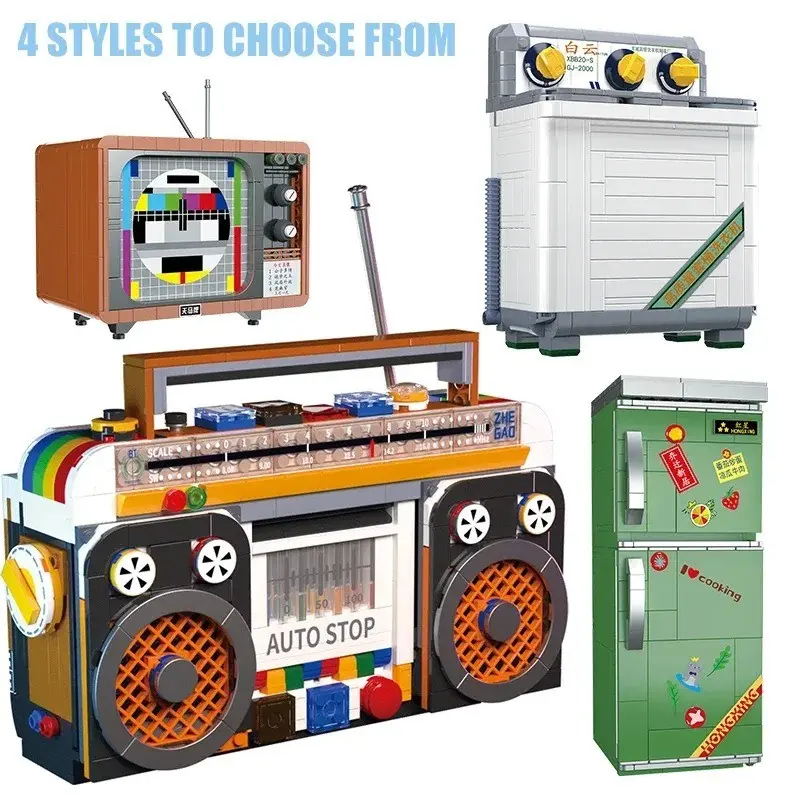 Vintage Appliance Building Blocks Model, Retro TV, Refrigerator, Record Player, Fun Assembly, Room Decor, Holiday Gifts, Unisex Toy, Bricks