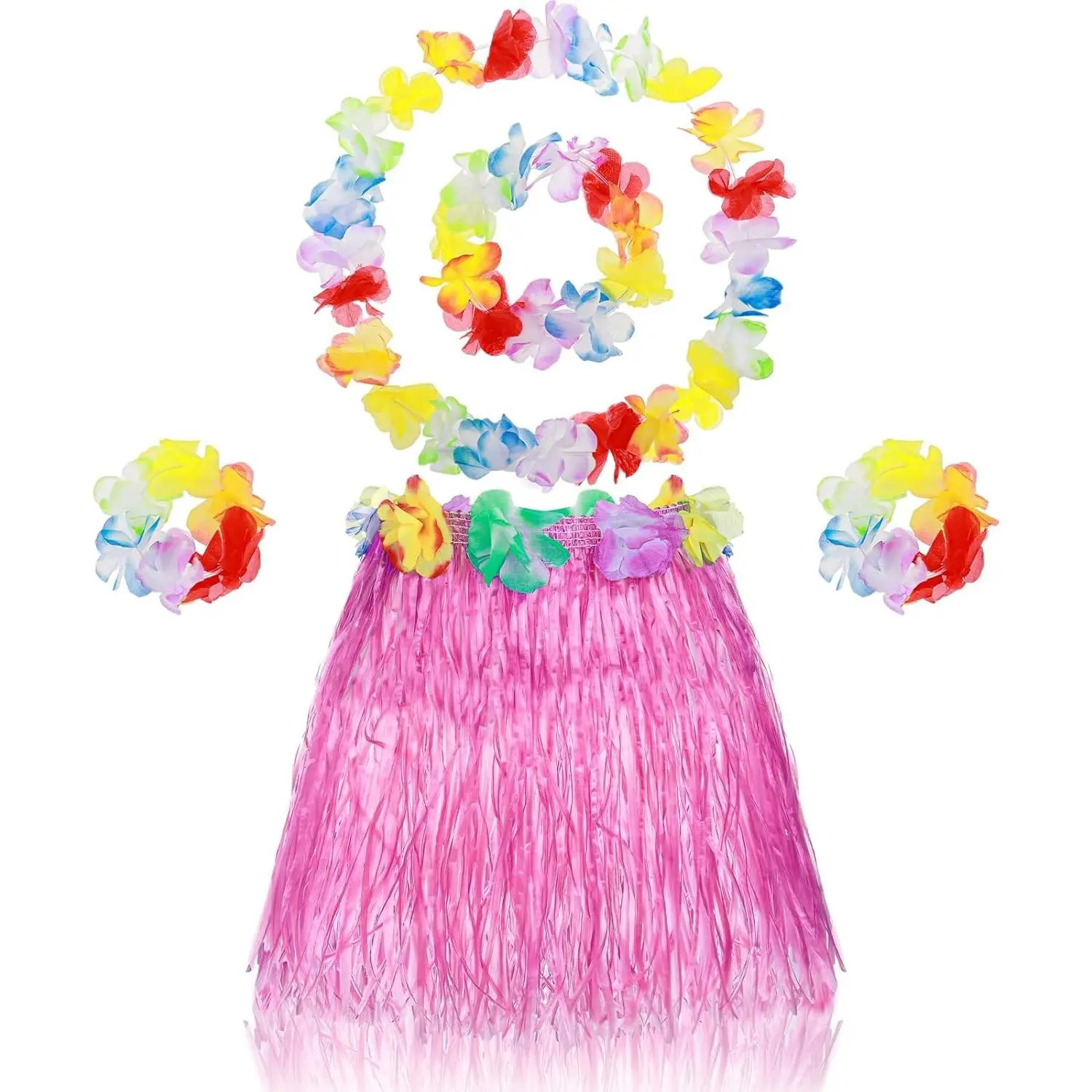 5 Pack Hawaiian Hula Grass Skirts with Flower Costume Accessories, Hula Dancing Party Dress Up SetGift