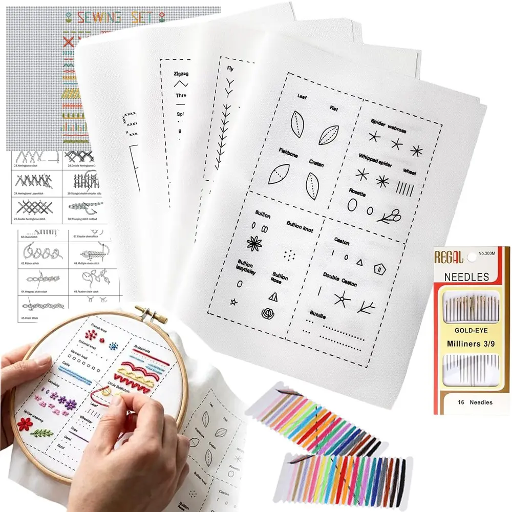 DIY Embroidery Stitch Learning Kit for Beginners, Complete Set with Practice Canvas, Floss, Needles & Guide, Perfect for Craft Enthusiasts