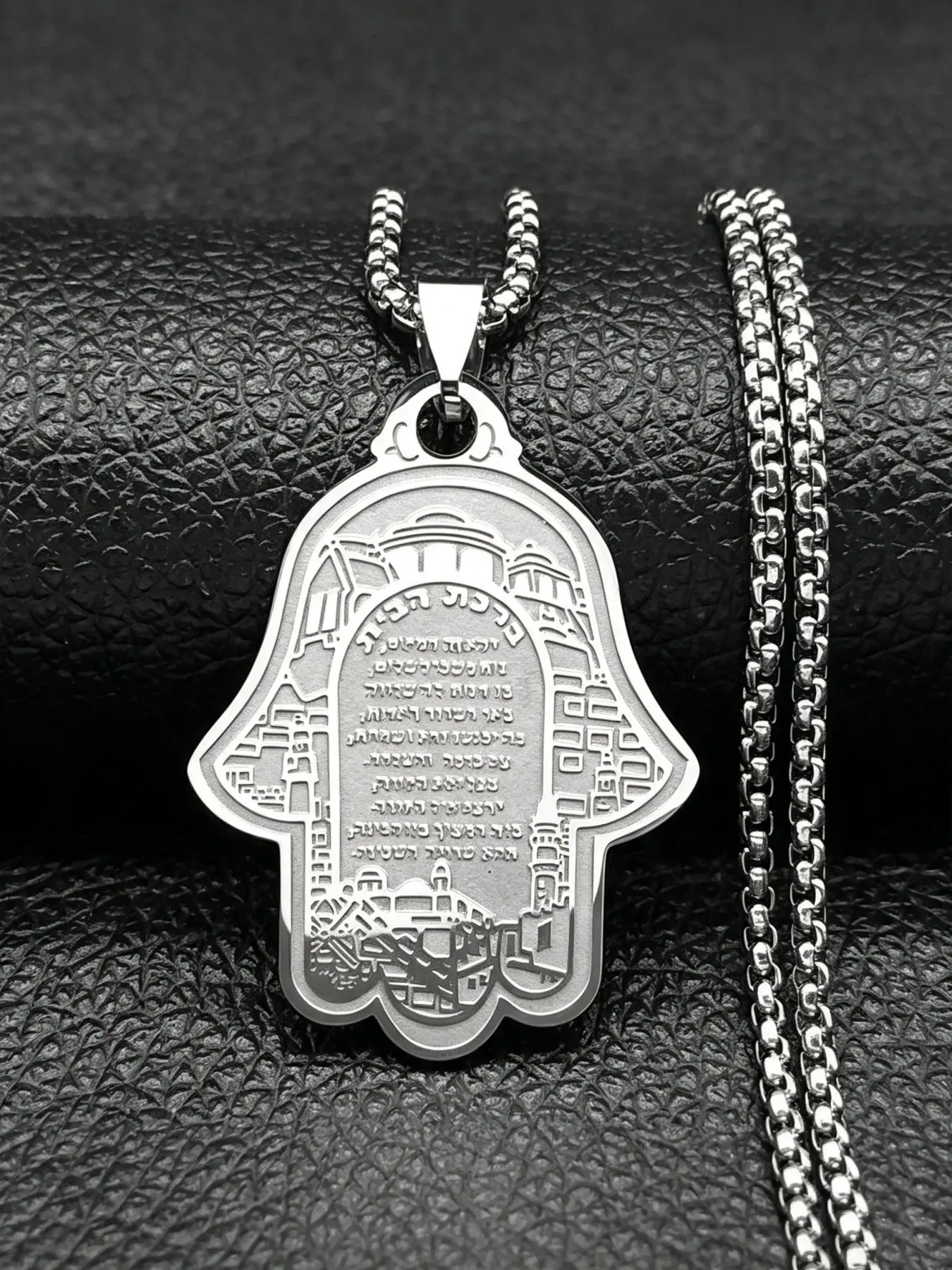 Hamsa Hand of Fatima Scripture Pendant Necklace for Women Men Stainless Steel Gold Color Hebrew Judaism Jewish Chain Jewelry