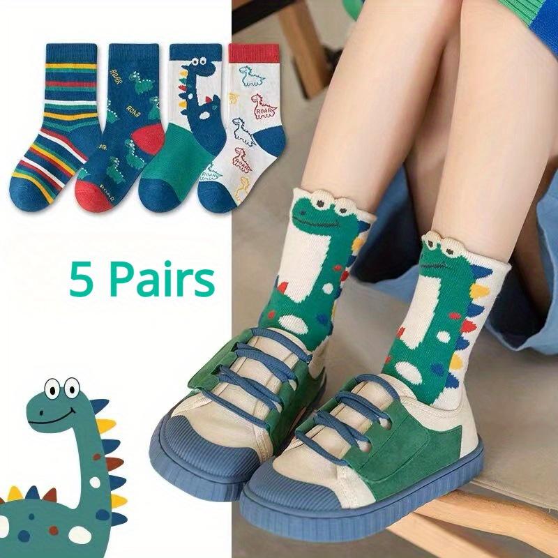 5 Pairs Of Boy's Trendy Cartoon Dinosaur Pattern Crew Socks, Breathable Comfy Casual Style Unisex Socks Kids Outdoor All Seasons Wearing