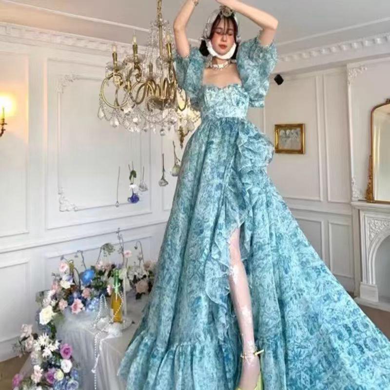 Puff Sleeve Dress French Style Puffy Dress Irregular Ruffle Princess Fairy Forest Floral Dress Birthday Gown