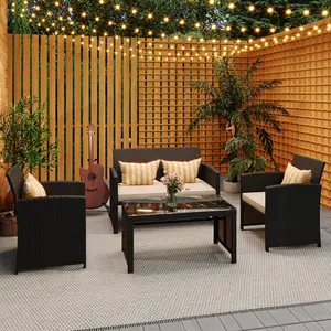 4-Piece Outdoor Wicker Patio Conversation Set with Cushions, Patio Sofa & Glass Coffee Table for Backyard Porch Poolside (Does not include pillow)