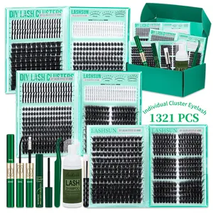 1321 Pcs D Curl Eyelash Clusters Set, Mixed 5-21mm 9 Styles Bottom/Spike/Mega/Cat/Volume Thick 3D Multi-Layered Lashes, Kit with Bond&Seal Remover Tweezers Lash Shampoo Brush, DIY at Home Easily, Easy Apply for Makeup Daily, Diy Eyelashes Clusters