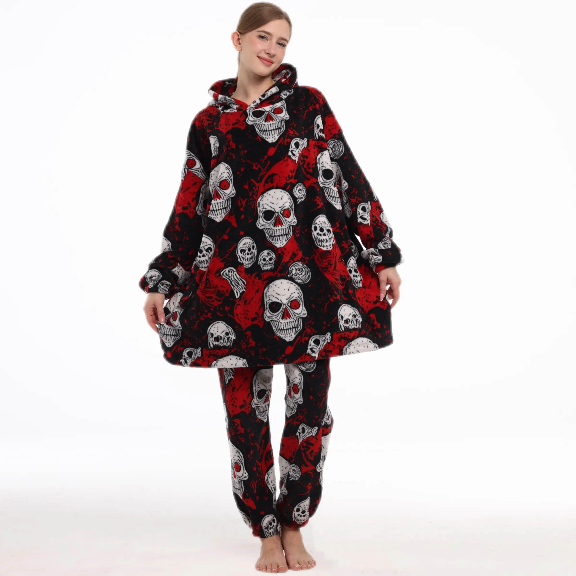 Halloween Skull Pattern Wearable Blanket Set, Unisex, Hooded with Pockets, Cozy Loungewear, Perfect for Fall & Winter Gifts