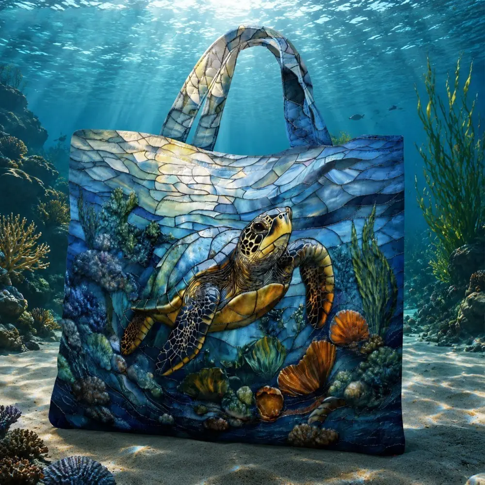 Sea Turtle Tote Bag, Ocean Mosaic Vintage Style, Large Reusable Shopping Bag, Beach Trips, Nature Lovers, Women, Men, Turtle Gift