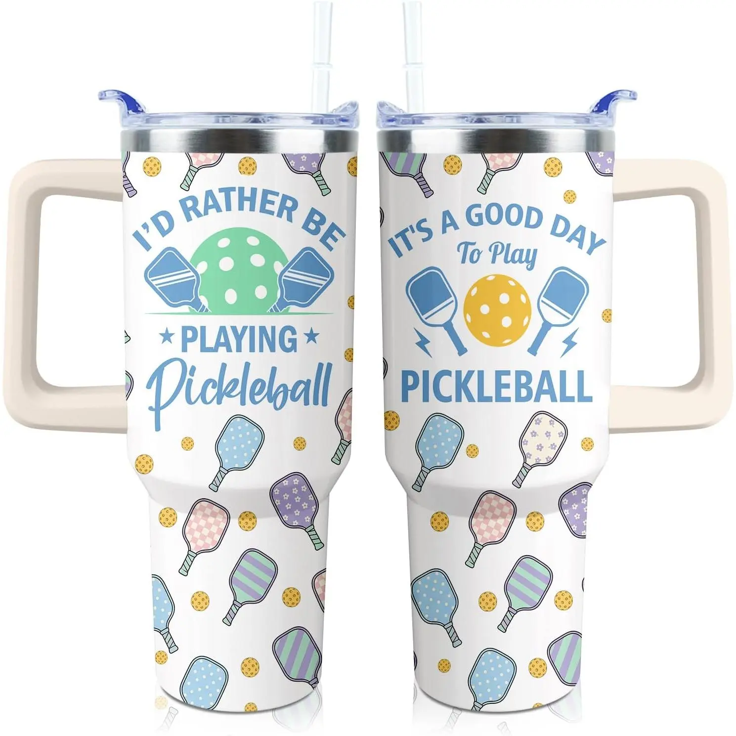 Pickleball Mug 40 oz Tumbler with Handle and Straw Lid Leak Proof - Pickleball Water Bottle Coffee Mug Insulated for Hot Cold Ice - Mothers Fathers Day Birthday Gifts for Women Men Players Lovers Cup