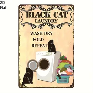 2D Flat, Black Cat Laundry Vintage Metal Sign - 8x12 Inches, Weatherproof & Pre-Drilled Tin Wall Art for Home, Bar, Garage, or for Man Cave Decor, Perfect Gift for Cat Lovers, Easy to Hang, No Electricity Required, Best for Christmas, Perfect for Room Dec