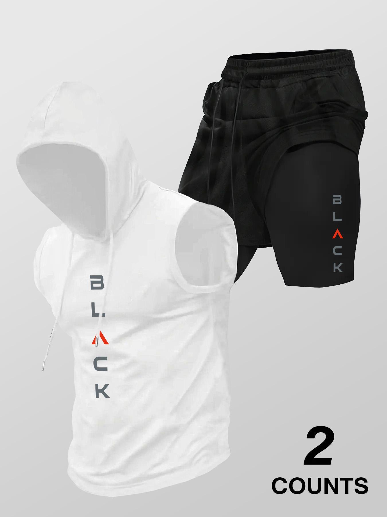 Two-Piece Set Men's Hooded Graphic Tank Top & Shorts Set, Regular Fit Casual Sleeveless Top & Shorts, Men's Clothing Set for Summer