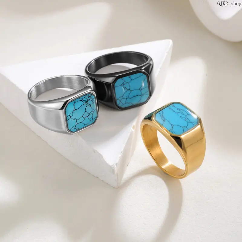 Gold‑Tone Square Synthetic Turquoise Signet Ring ✨ Classic Geometric Inlay Statement Ring, Vintage Fashion Band Ring for Men & Women Daily Wear
