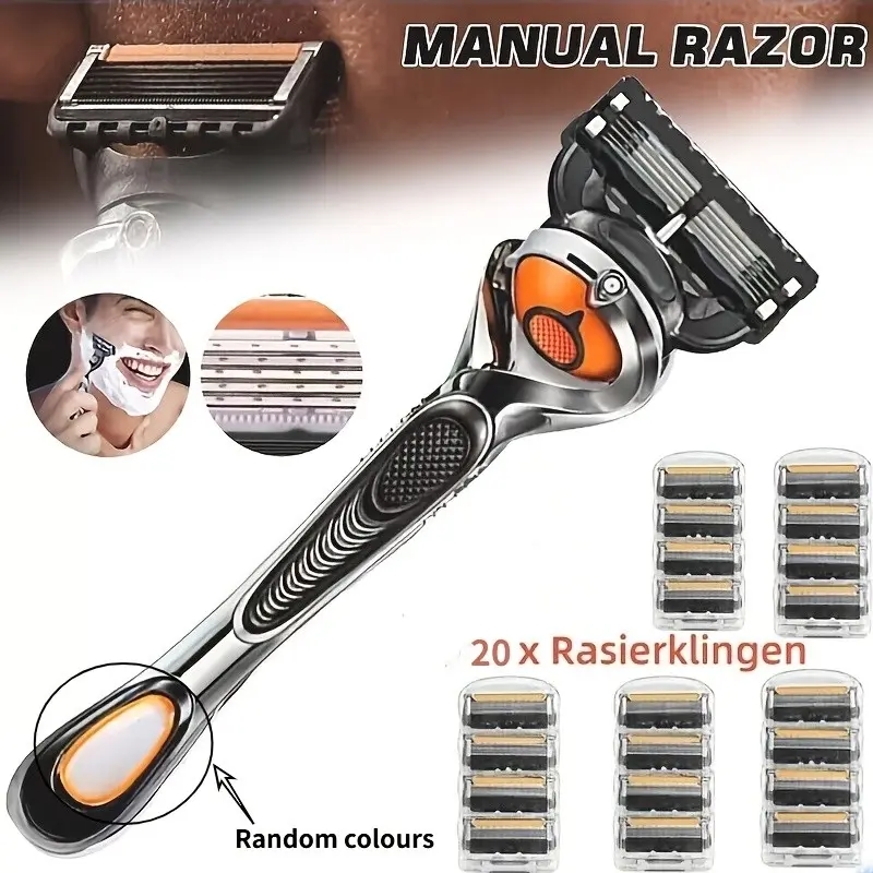 Men's Safe Manual Razor, Replaceable Blade Function, 5-Layer Stainless Steel, Skin Protection System, Reusable Shaving Blades, Shaving Razors Set