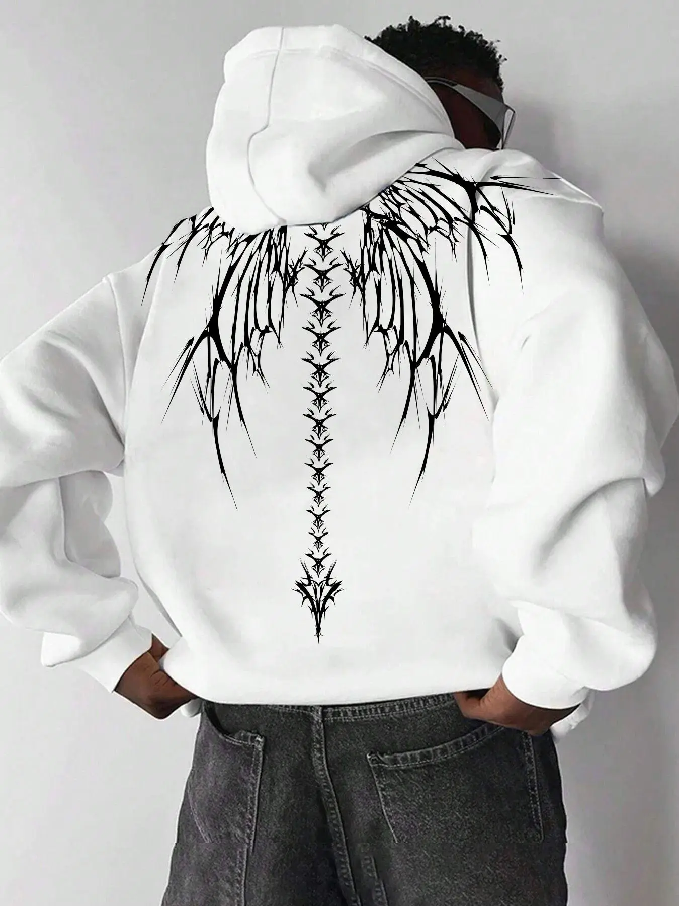 Men's Loose Fit Slimming Ribbed Hoodie, Fall & Winter Casual Street Style Top, Long Sleeve Geometric Pattern, Unlined Long Clothing