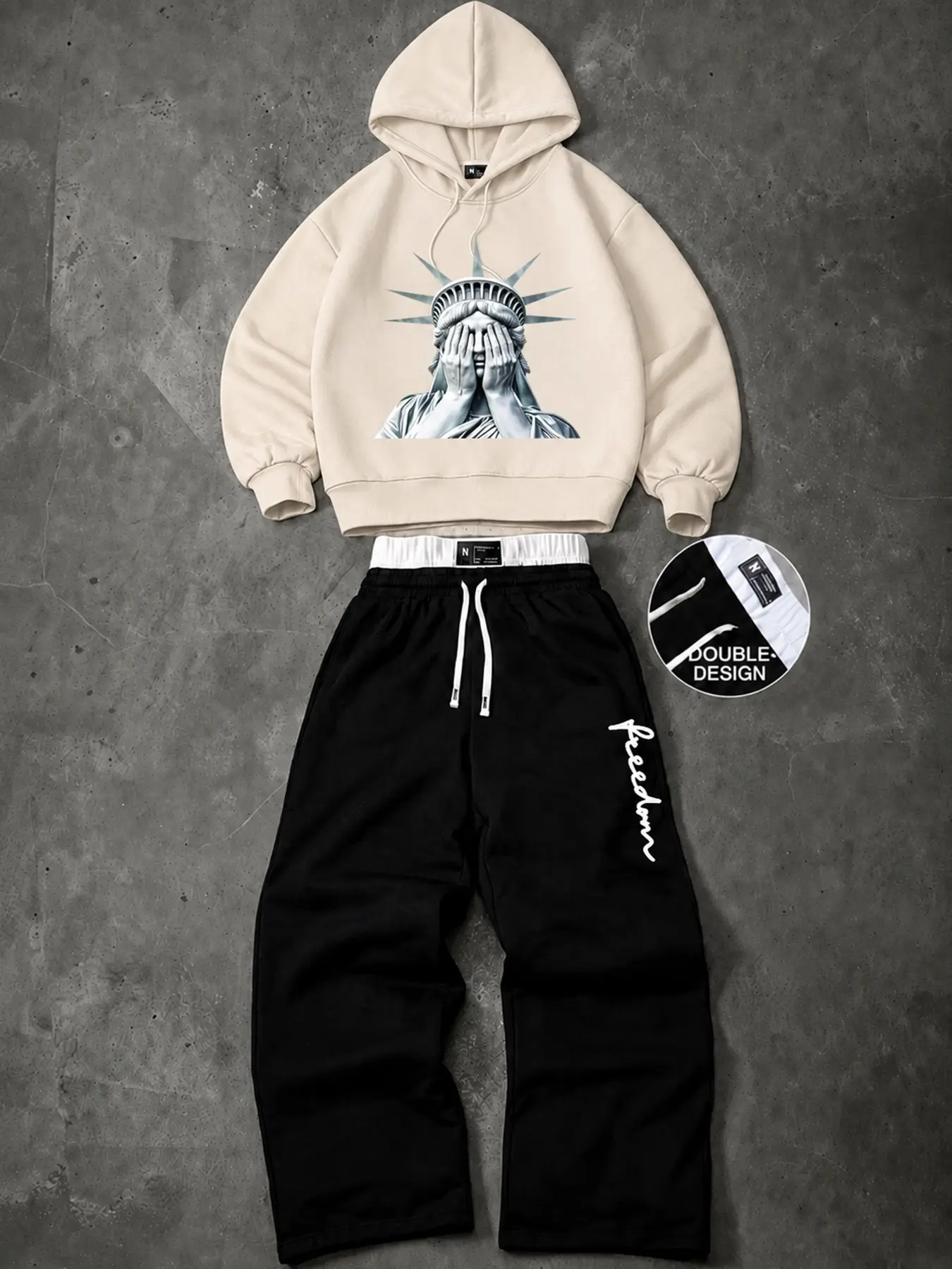 Men's 2 Piece Black Streetwear Set, Liberty Statue Graphic Pullover Hoodie and Freedom Print Wide Leg Pants with Double Waist, Loose Casual Outfit#MensTwoPieceSet #StreetwearSet #GraphicHoodie #LibertyStatue #FreedomPrint#WideLegPants #DoubleWaist