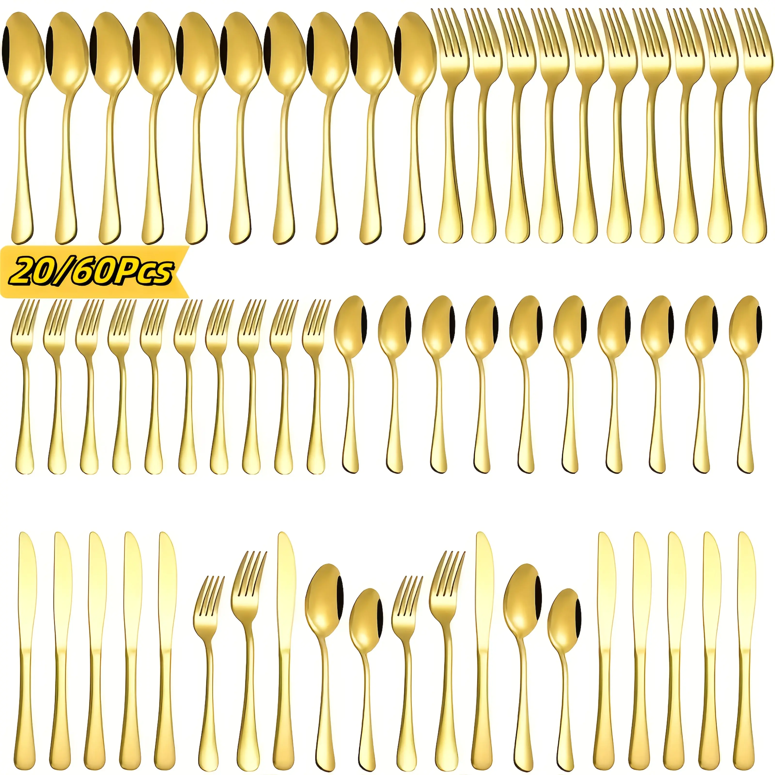 60/20pcs Stainless Steel Golden Silverware Set - Heavy Duty Commercial Flatware for Restaurants, Weddings and Home, Dishwasher Safe, Rust-Proof, Non-Toxic Bulk Kitchen Tableware with Gift Box, Best Gifts for
