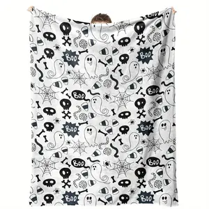 One Spooky Gothic Blanket Featuring Ghosts, Jack-O-Lanterns, Bats, And A Cobblestone Path In Black And White, Perfect For Halloween. This Soft Plush Throw Is Ideal For Your Bed, Sofa, Or Camping