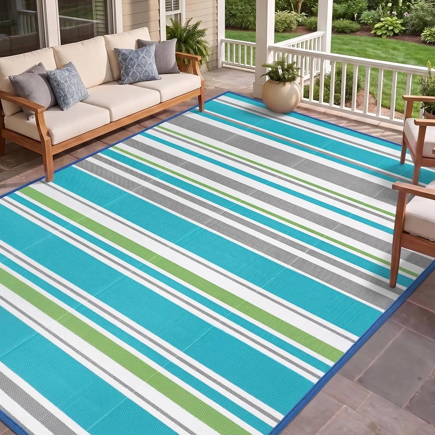 Rug 4x6 ft, Waterproof Straw Mat for Camping| 100% polypropylene, UV-stabilized, waterproof, heat-sealed edges.Striped.Perfect for RV,, deck, pool, beach.
