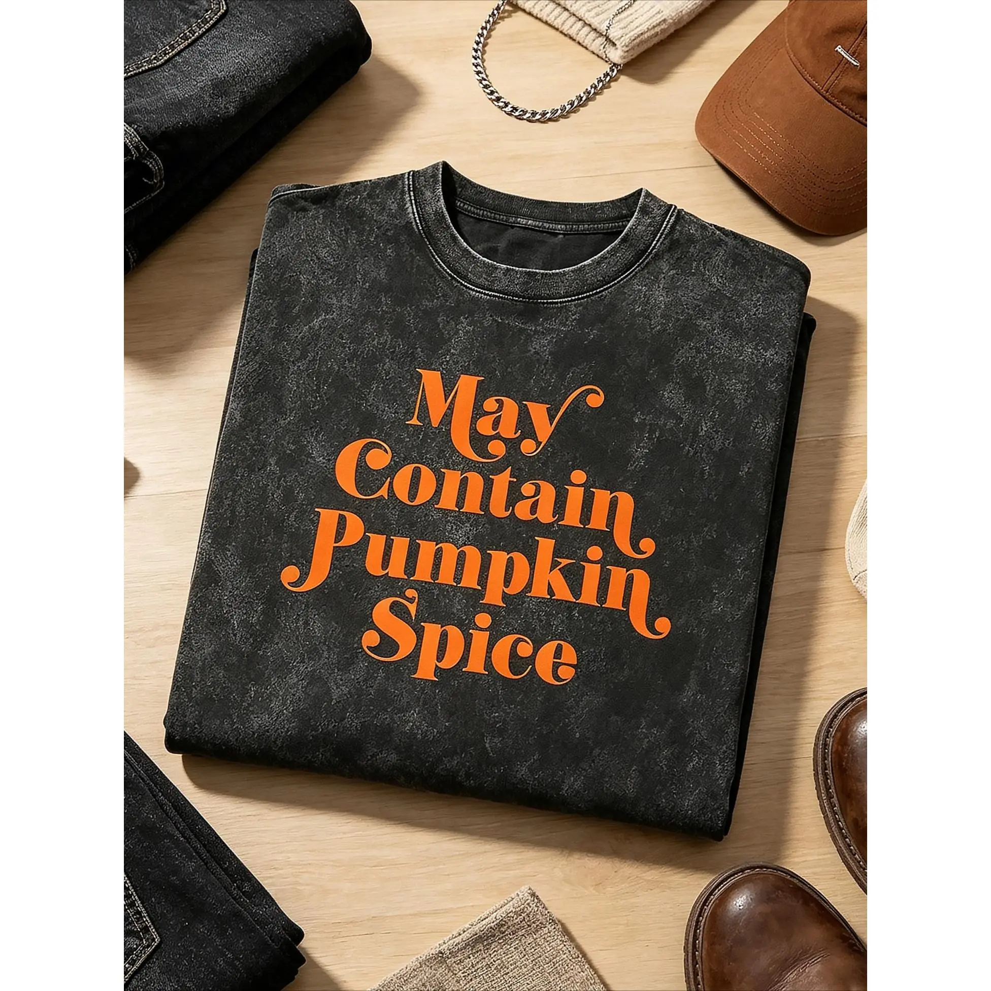 Womens May Contain Pumpkin Spice T Shirt Funny Fall Autumn Coffee Tee Funny Womens T Shirts Cute Vintage Fashion Casual Ladies T-Shirt Gift Halloween Tops for Women Funny Food Top Women's Novelty Tees Black