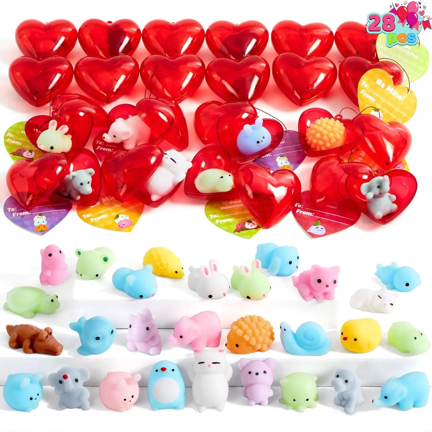 28 PCS Kawaii Valentine’s Day Mochi Squishy Toys with Filled Hearts & Gift Cards, Kids Classroom Exchange Party Favors, Stress Relief Toys, School Game Prizes