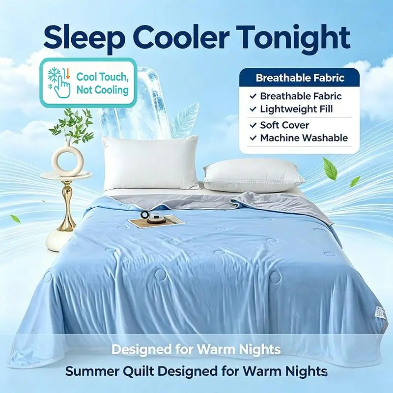 Summer Cool Touch Comforter, Ice Feel Cooling Blanket, Anti-Sweat Breathable, Double Color Reversible, for Adults & Kids