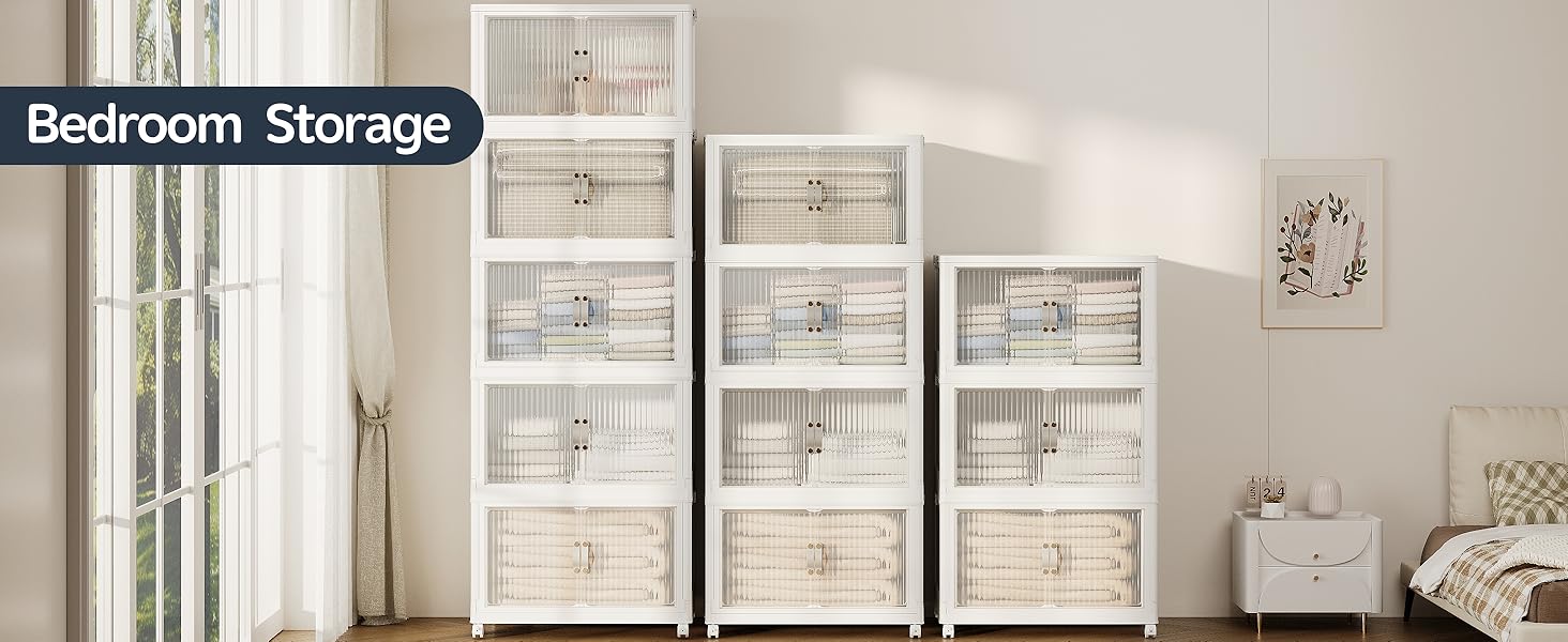 JONZEN 192Qt Plastic Storage Bins with Lid, 48GAL Closet Organizer and Stackable Storage Drawer, Collapsible Clear Box with Wheels, Clothes Cabinet Containers for Home Garage, 4Pack White