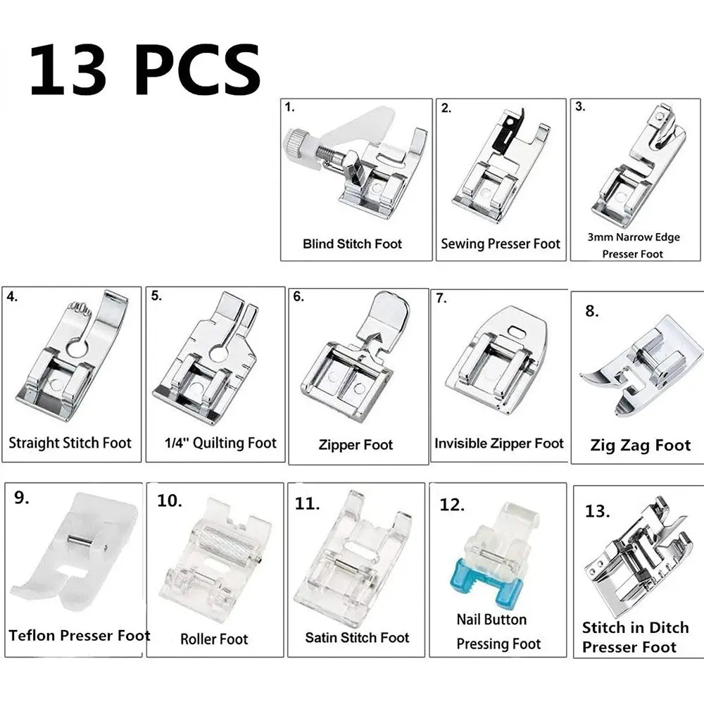 13pcs Multifunctional Sewing Machine Presser Foot Set, Universal Replacement Accessories Kit, Essential Sewing Supplies for Home Use