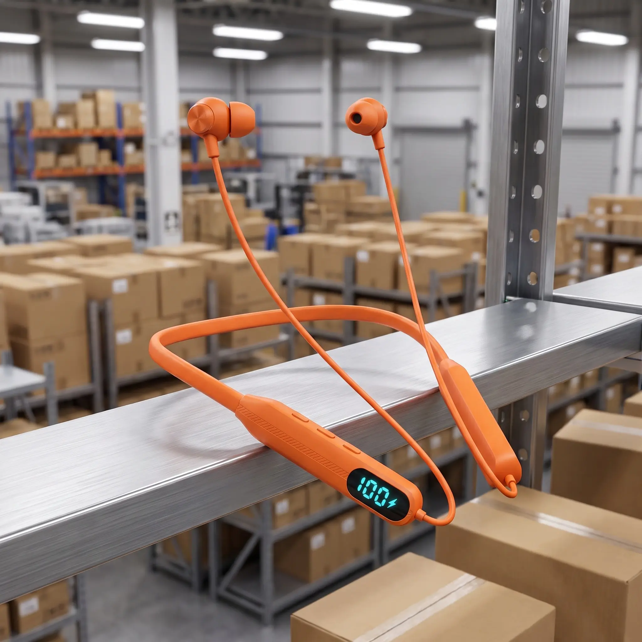 Bright Orange Hi Vis Neckband Headphones Digital Power Display IPX5 Sweatproof 48HR Battery Safety Bluetooth Earbuds with Mic for Warehouse Workers Hands Free Calling Dual Device Touch Control Audio Connection