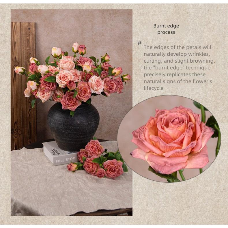 French Style Artificial Single Branch 3-Head Burnt Edge Rose Vintage Home Living Room Decoration Fake Dried Flower Bouquet High-End Feel