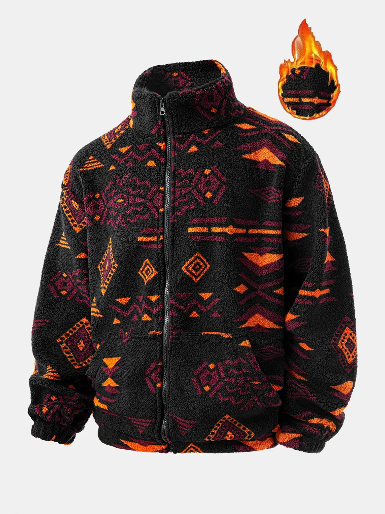 Trendy Aztec Geometric Printed Fluffy Jacket for Men, Full-Zip Warm Fuzzy Plush Outer Coat, Casual Streetwear for Travel & Outdoor Activities