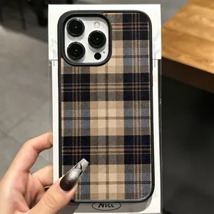 Classic Navy Blue Beige Plaid Phone Case， Vintage British Check Style for iPhone 17 16 15 14 13 12 11 Plus Pro Max， Best Gift.