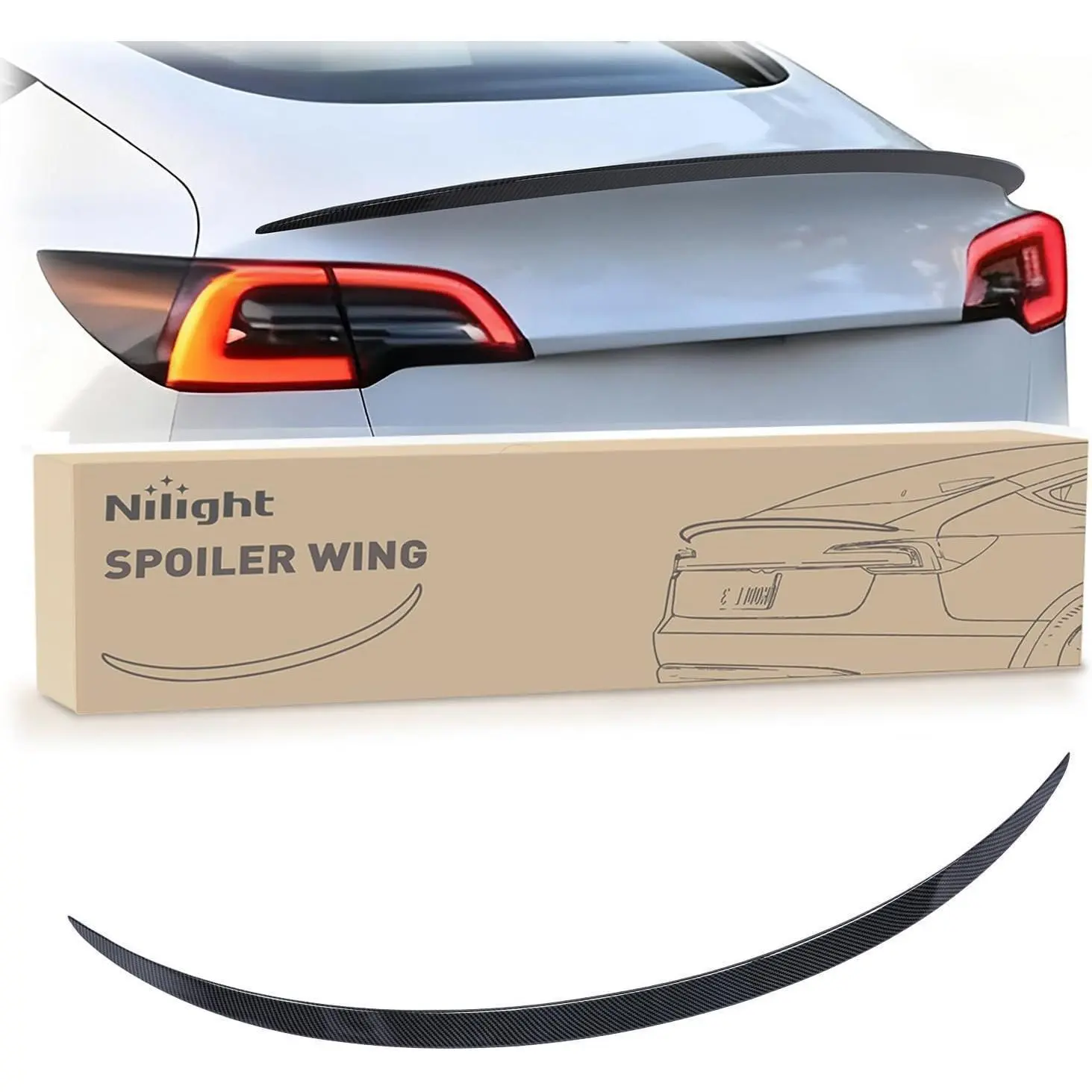 Nilight Spoiler Fit for Tesla Model 3 2017-2023 Spoilers for Cars Rear Spoiler Wing Sporty Appearance Rear Trunk Lip Exterior Accessories No-Drill Installation ABS Carbon Fiber Pattern, Glossy Black