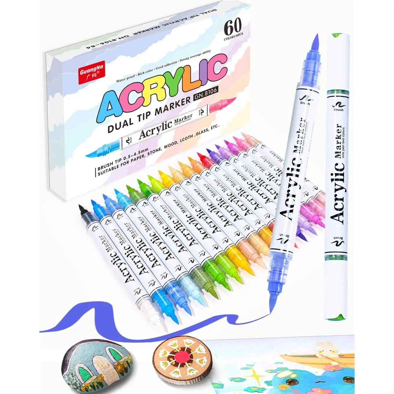 60 Colors  Tip   Markers, 30 count 2 Colors in 1 with Soft Brush Tips & Double Ink Capacity,  Markers for Rocks, Canvas, , Fabric, Glass, Plastic, Quick-Drying,