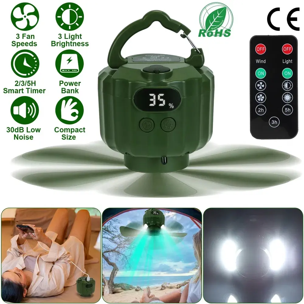 Portable Camping Ceiling LED Fan 10400mAh USB Battery Powered Hanging Tent Lantern Fan Power Bank With 3 Fan Speed 3 Light Brightness Smart Timer Display Remote Control blade ceiling fan Compact Noise