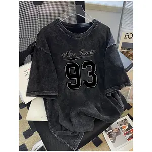 Unisex Vintage Acid Washed 100% Cotton T Shirt, New Jersey 93 Varsity Script Number Outline Font Oversized Retro City State Casual Streetwear Short Sleeve Tee