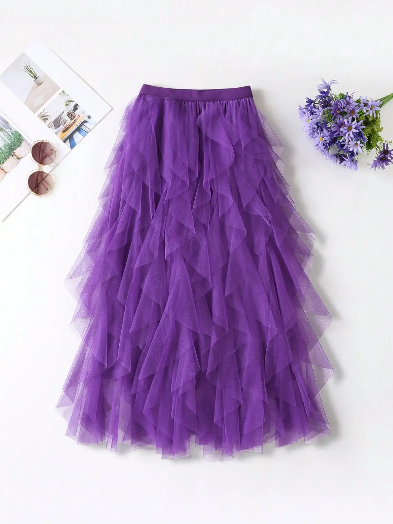 Women's RUFFLE TULLE MIDI SKIRT,Elegant A-Line Skirt, Long High Waist Ruffled Mesh maxi skirts, women's tutu skirt,Plain Surface Contrast Binding Design, Loose-Fitting All-Season Garment, Clothing