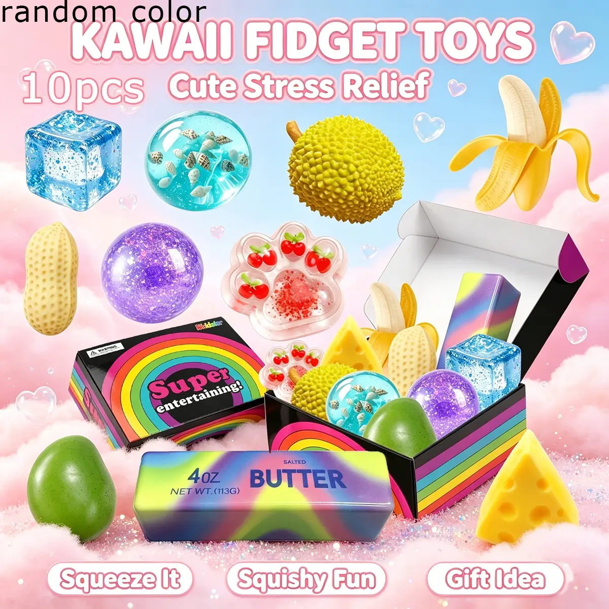 10Pcs Cute Kawaii Squishy Stress Relief Toy Set, Mixed Simulation Fruit & Crystal Jelly Squeeze Fidget Toys, Soft Hand Pinch Decompression Toys, Novelty Anxiety Relief Gift Box for Kids Teens Adults, Toy Only Not Edible