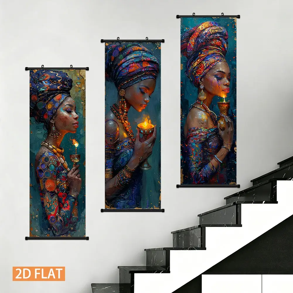 3 Piece African Women Theme Art Scroll Posters, Plastic Wall Art, Textured Oil Painting Style, Modern Home Decor for Living Room, Bedroom, Office